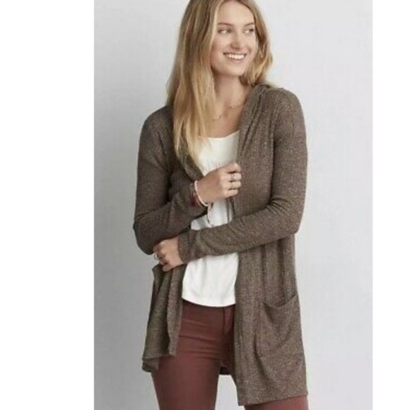 American Eagle Outfitters Sweaters - American Eagle Brown Hooded Cardigan L-XL